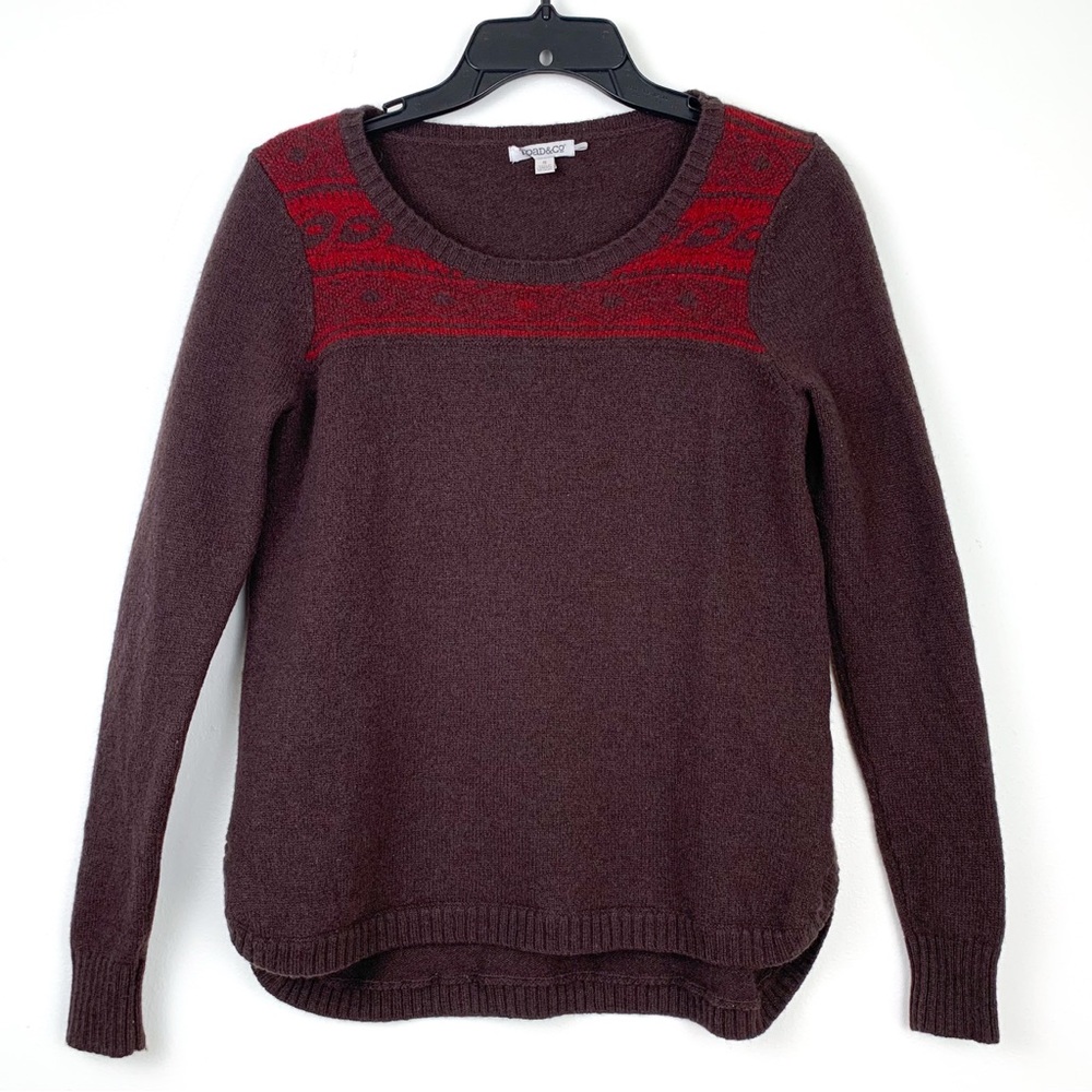 Toad & Co lambswool sweater brown & red fair isle Aleutia Crew Sweater small